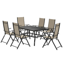 Seven-Piece Steel Outdoor Dining Set, with Parasol Hole - Khaki