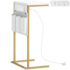 C-Shaped Bedside Table with Charging Station, Marble Grain Side Table with Power Outlets & USB Ports, Storage Bags, for Bedroom, Living Room, White