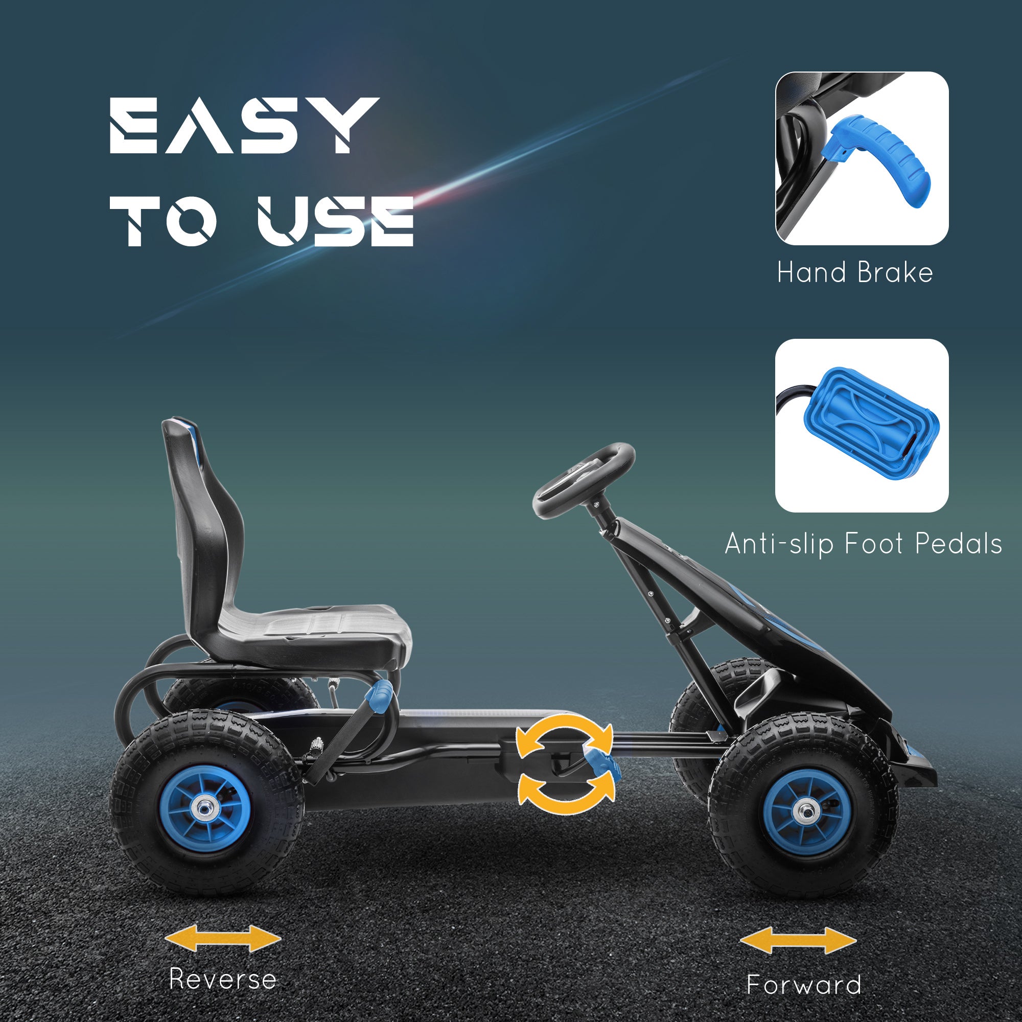 Kids Pedal Go Kart, with Adjustable Seat, Inflatable Tyres - Blue