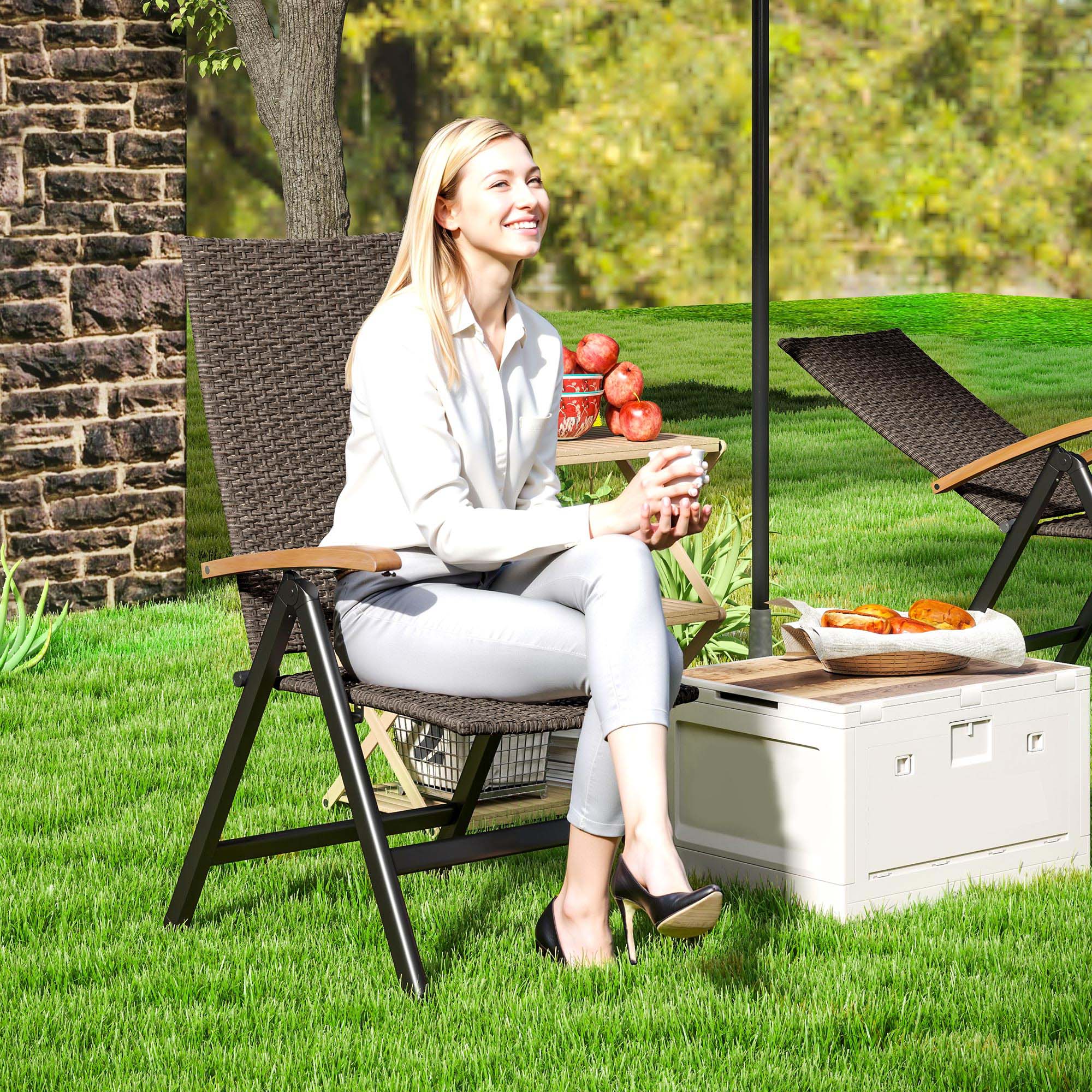 Folding Rattan Garden Dining Chair with 5-level Reclining High Back, Wood Armrests for Outdoor, Patio - Brown