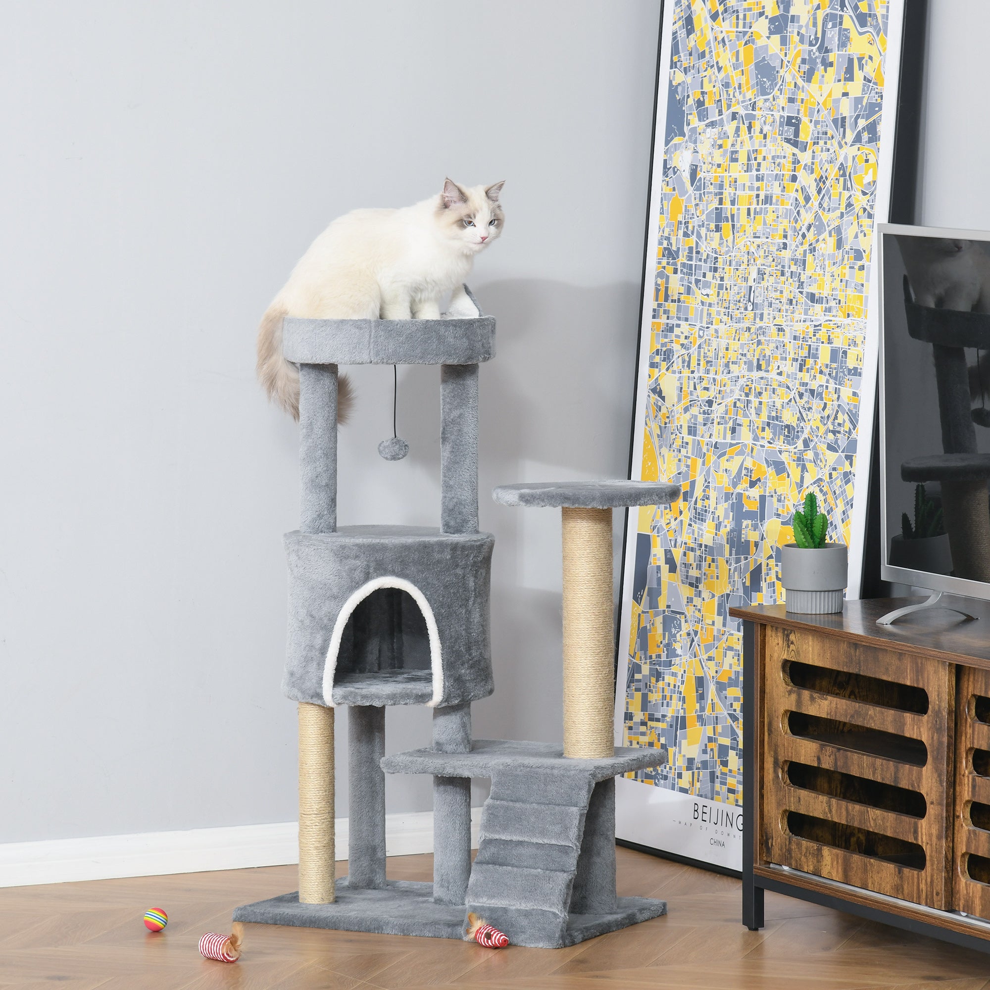 100 cm Cat Tree, Cat Condo Tree Tower for Indoor Cats, Cat Activity Centre with Scratching Posts, Plush Perch, Ladder, Hanging Ball - Light Grey