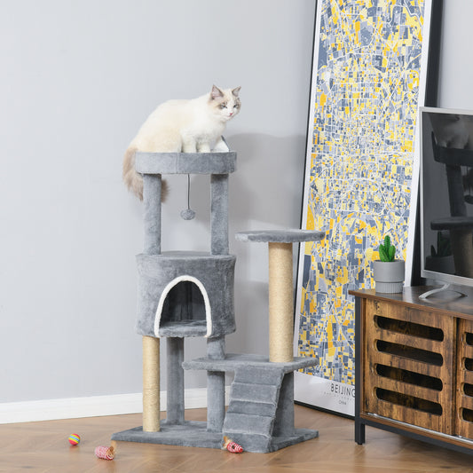 100 cm Cat Tree, Cat Condo Tree Tower for Indoor Cats, Cat Activity Centre with Scratching Posts, Plush Perch, Ladder, Hanging Ball - Light Grey