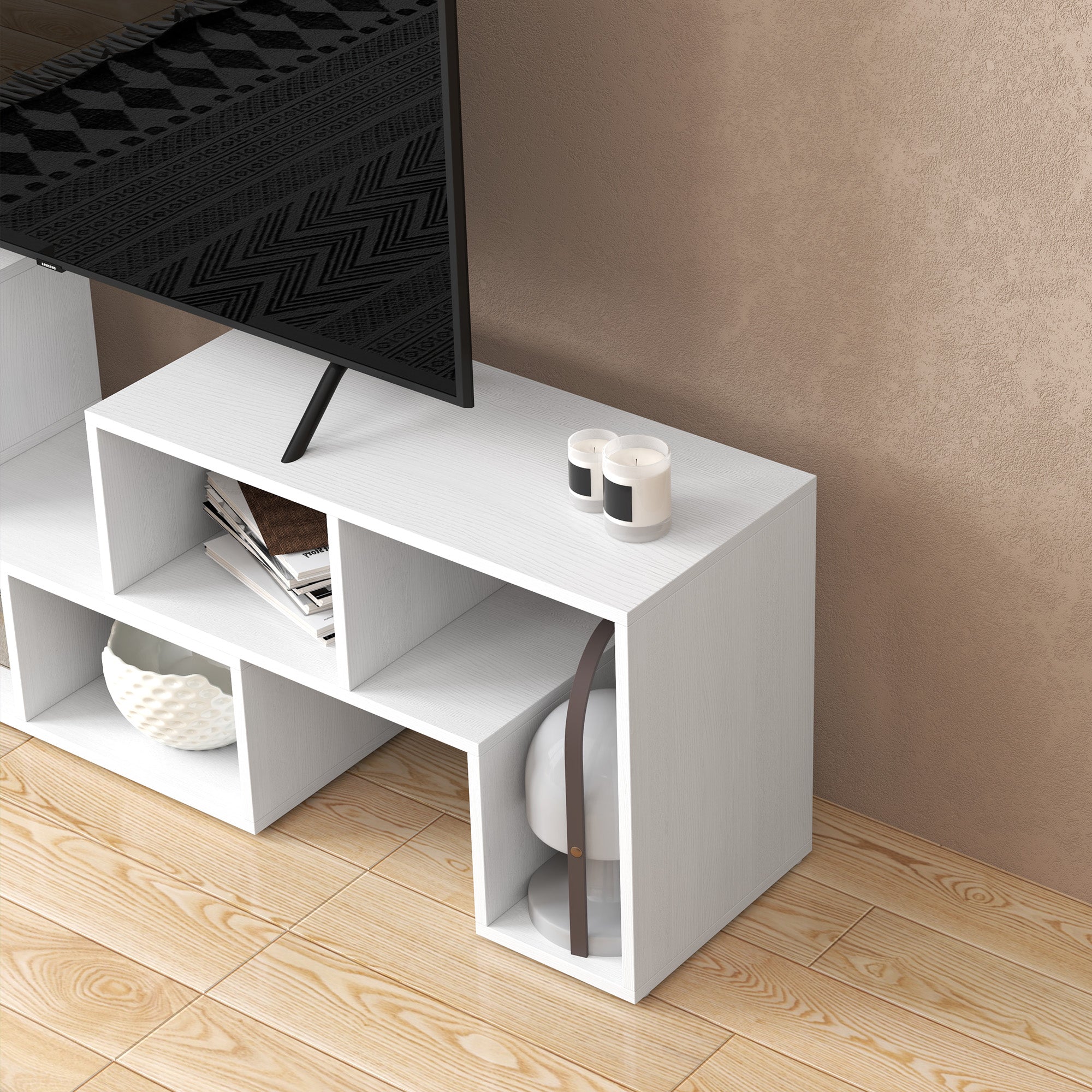 TV Stand for TVs up to 75 Inches, Free Combination TV Unit with Storage Shelves, Extendable Entertainment Centre for Living Room, White Wood Grain