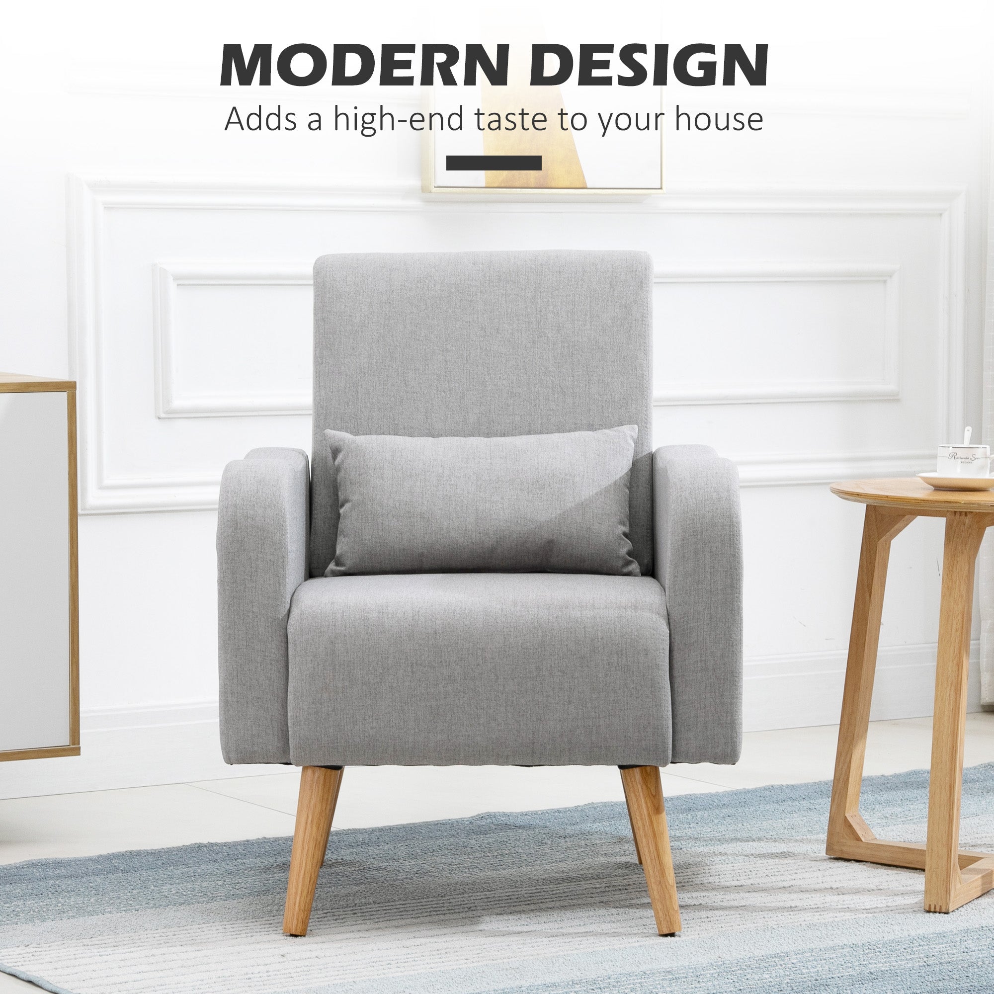 Accent Chair, Linen-Touch Armchair with Pillow, Upholstered Leisure Lounge Sofa for Living Room, Club Chair with Rubber Wooden Frame, Grey