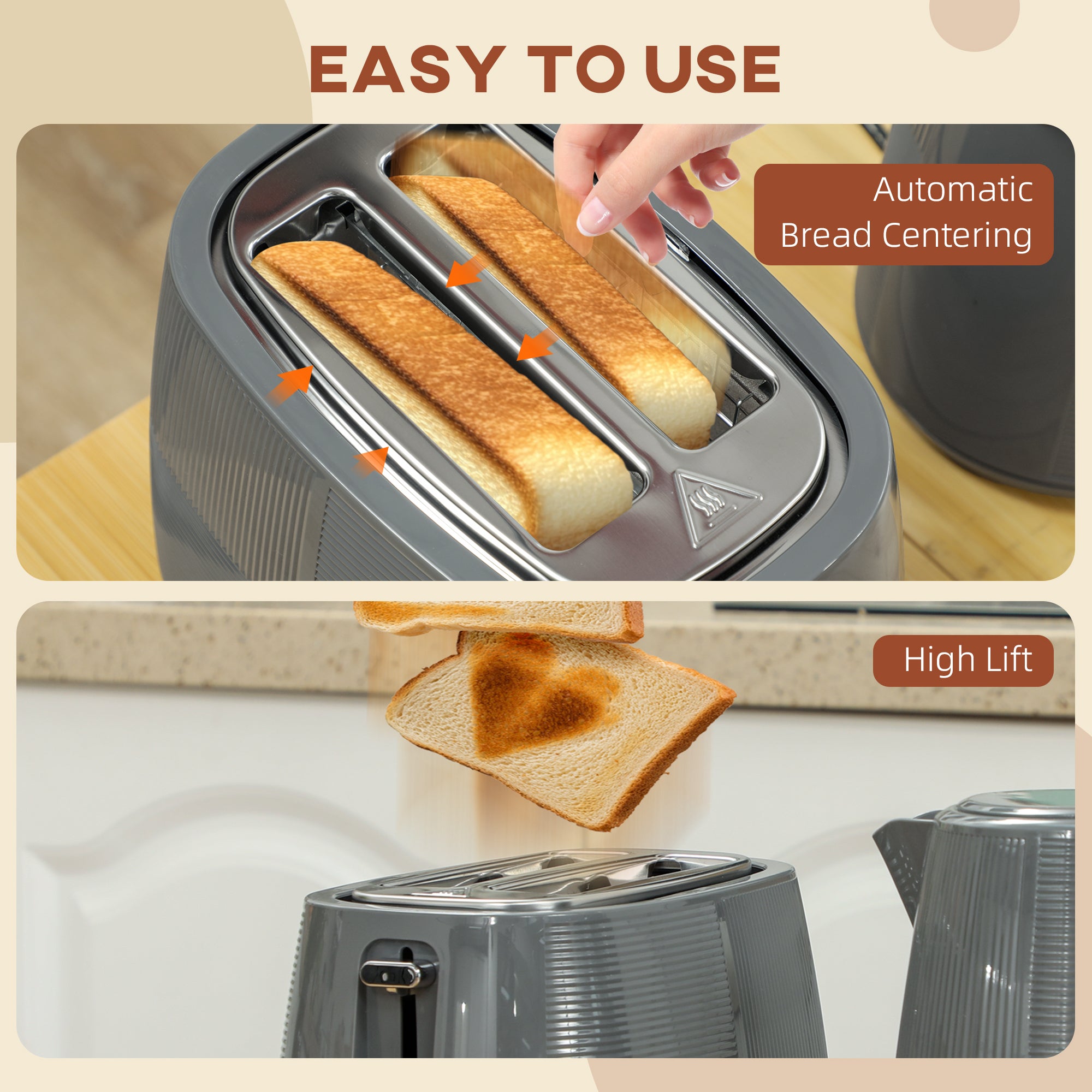 Kettle and Toaster Set, 1.7L 3000W Fast Boil Kettle & 2 Slice Toaster Kitchen Set with 7 Level Browning Controls, Defrost, Reheat, Boil-dry Protection, Grey