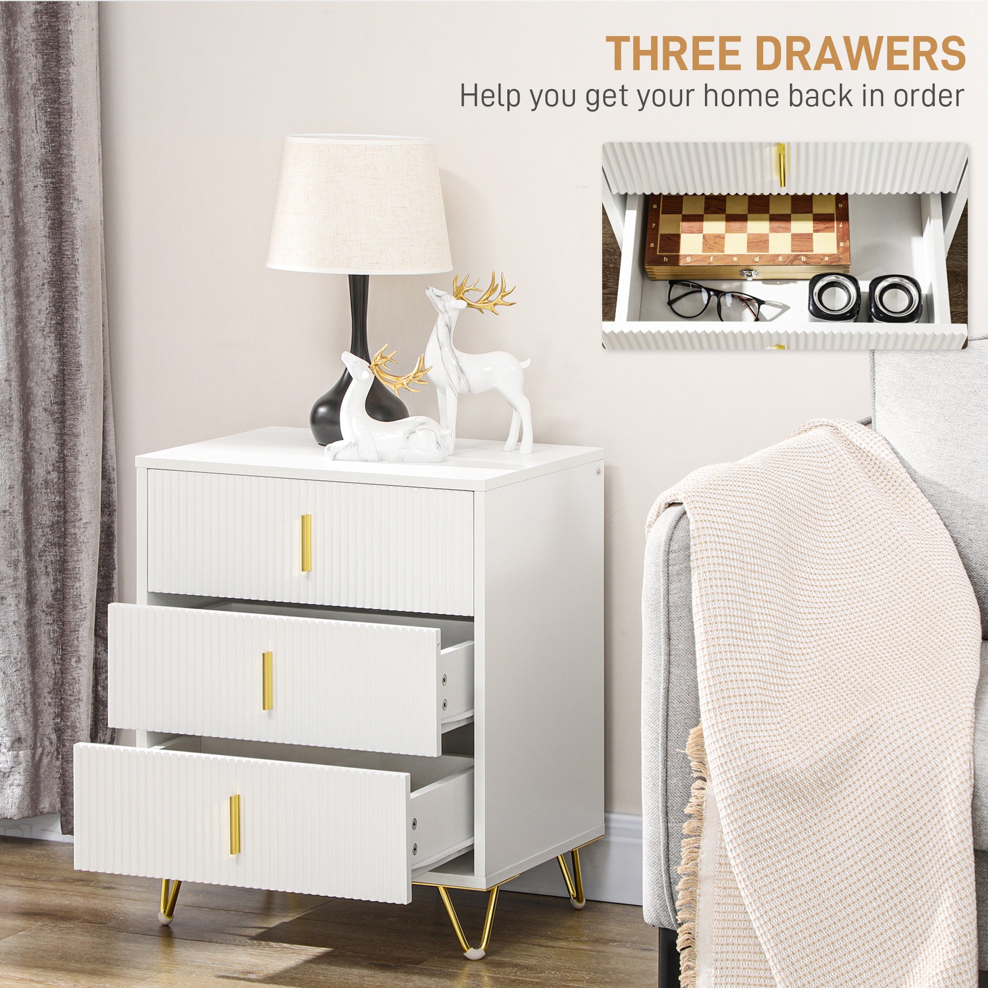 Set of 2 Elegant Chest of Three Drawers - White/Gold-Tone