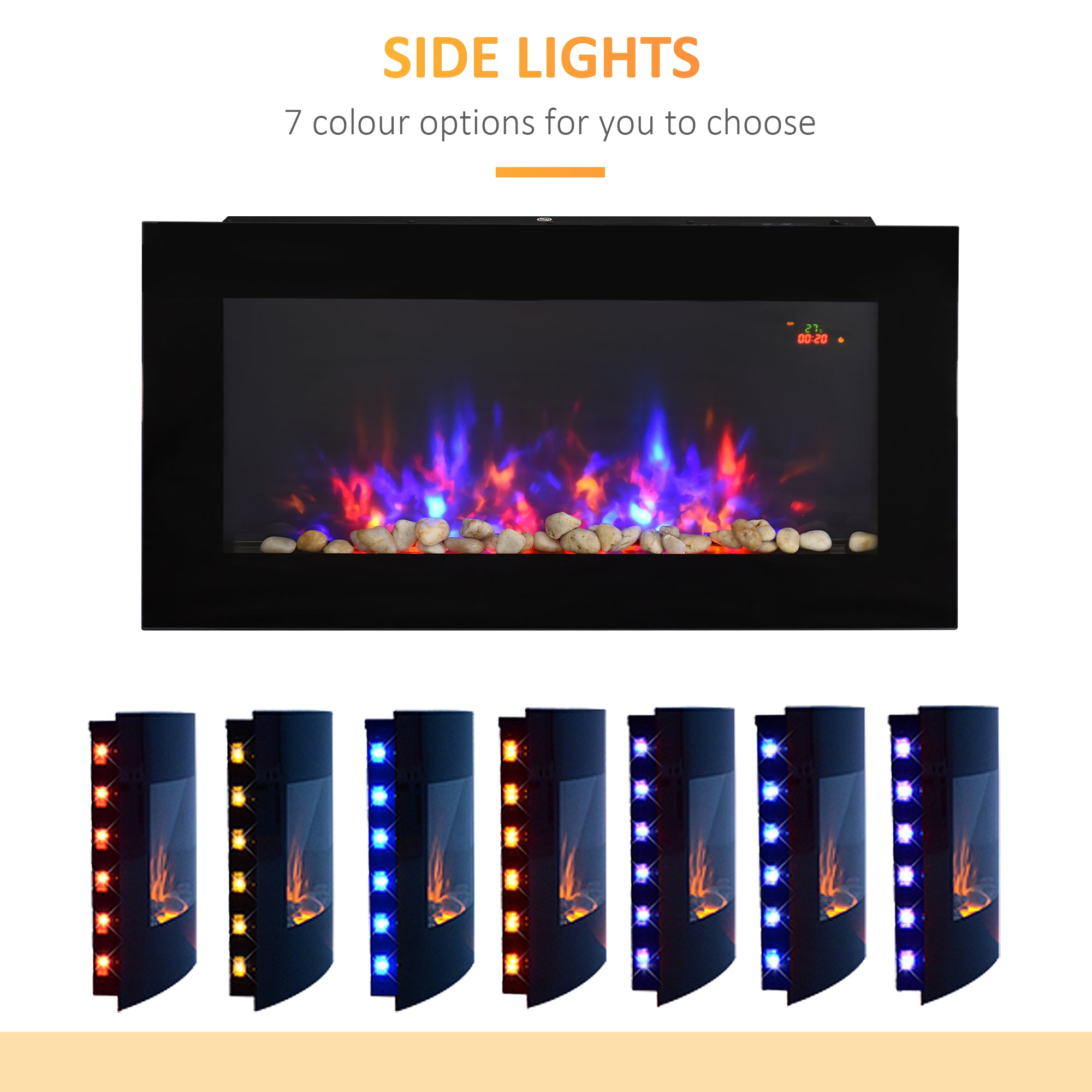 Fynco - LED Wall Mounted Fireplace Curved Glass Electric Fire Place for Living Room, 1000W/2000W, 48H x 90.8W x 11.5Dcm, Black