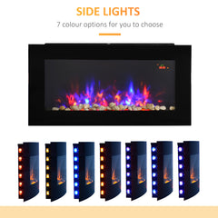 Fynco - LED Wall Mounted Fireplace Curved Glass Electric Fire Place for Living Room, 1000W/2000W, 48H x 90.8W x 11.5Dcm, Black