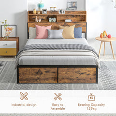 Industrial Double Bed Frame, 4.6FT Steel Bed Base with Storage Headboard, Footboard, Slatted Support and Under Bed Storage, 141 x 207cm, Rustic Brown