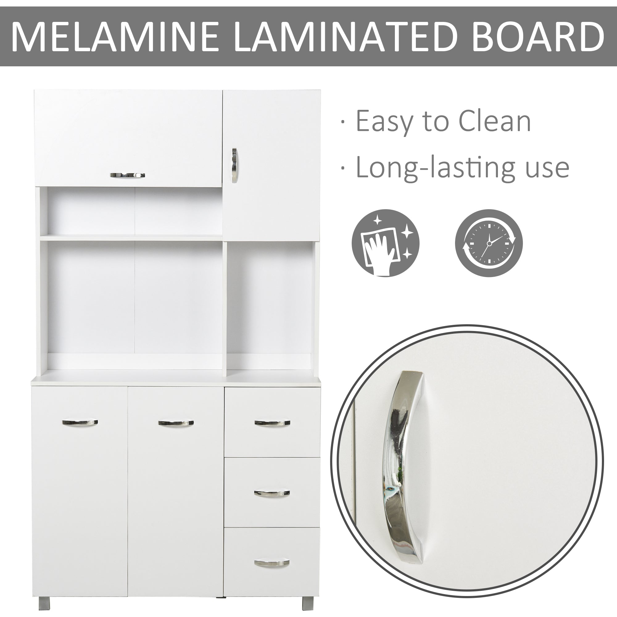 Kitchen Cupboard, 183cm Tall Storage Cabinet with Countertop, Sideboard with 3 Small Drawers, Flip Up Top Door, 3 Cabinet Doors and Open Shelves, 100W x 39.5D x 183.5H cm, White