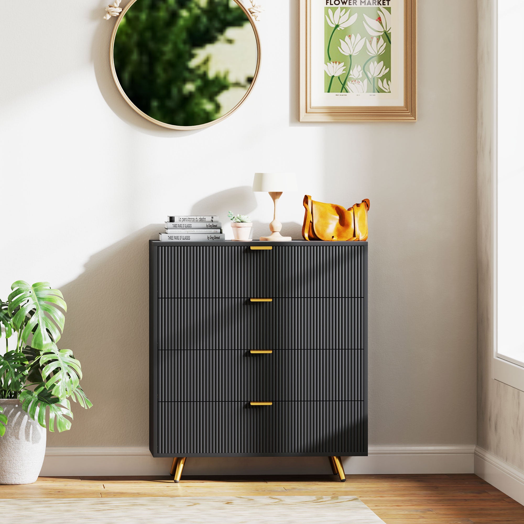 Elegant Four-Drawer Bedside Table - Black