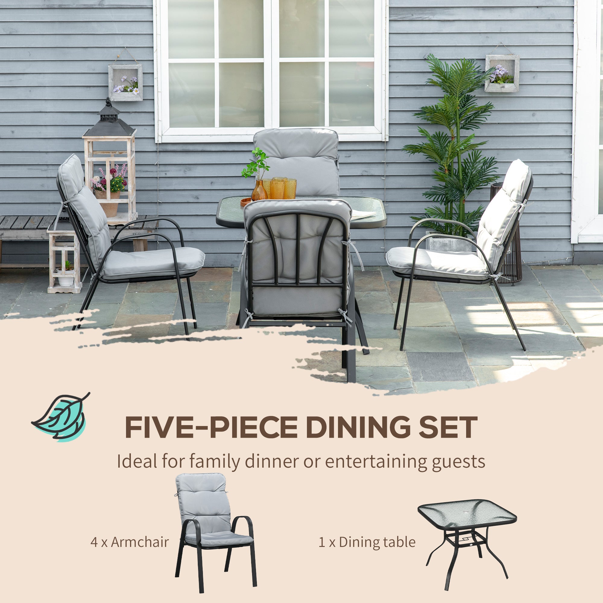 5 Pieces Outdoor Square Garden Dining Set w/ Tempered Glass Dining Table 4 Cushioned Armchairs, Umbrella Hole, Grey