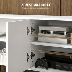 TV Stand with Cupboard, Open Shelves, Striped Doors, Wooden legs, White