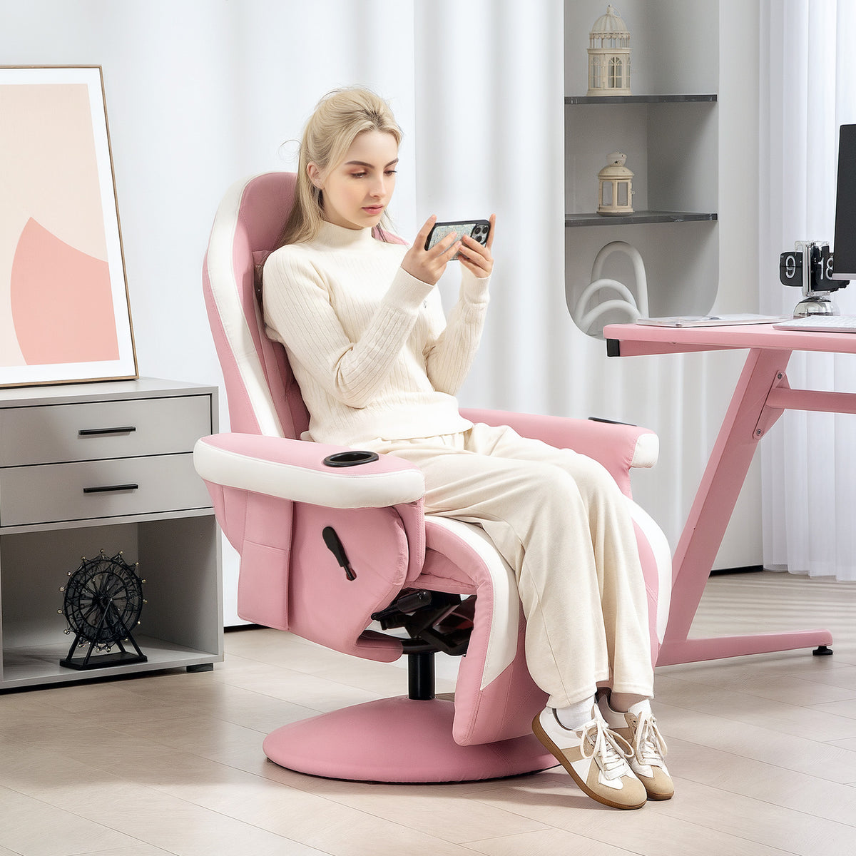 Manual Recliner Armchair PU Leather Lounge Chair w Adjustable Leg Rest, 135° Reclining Function, 360° Swivel, Pink