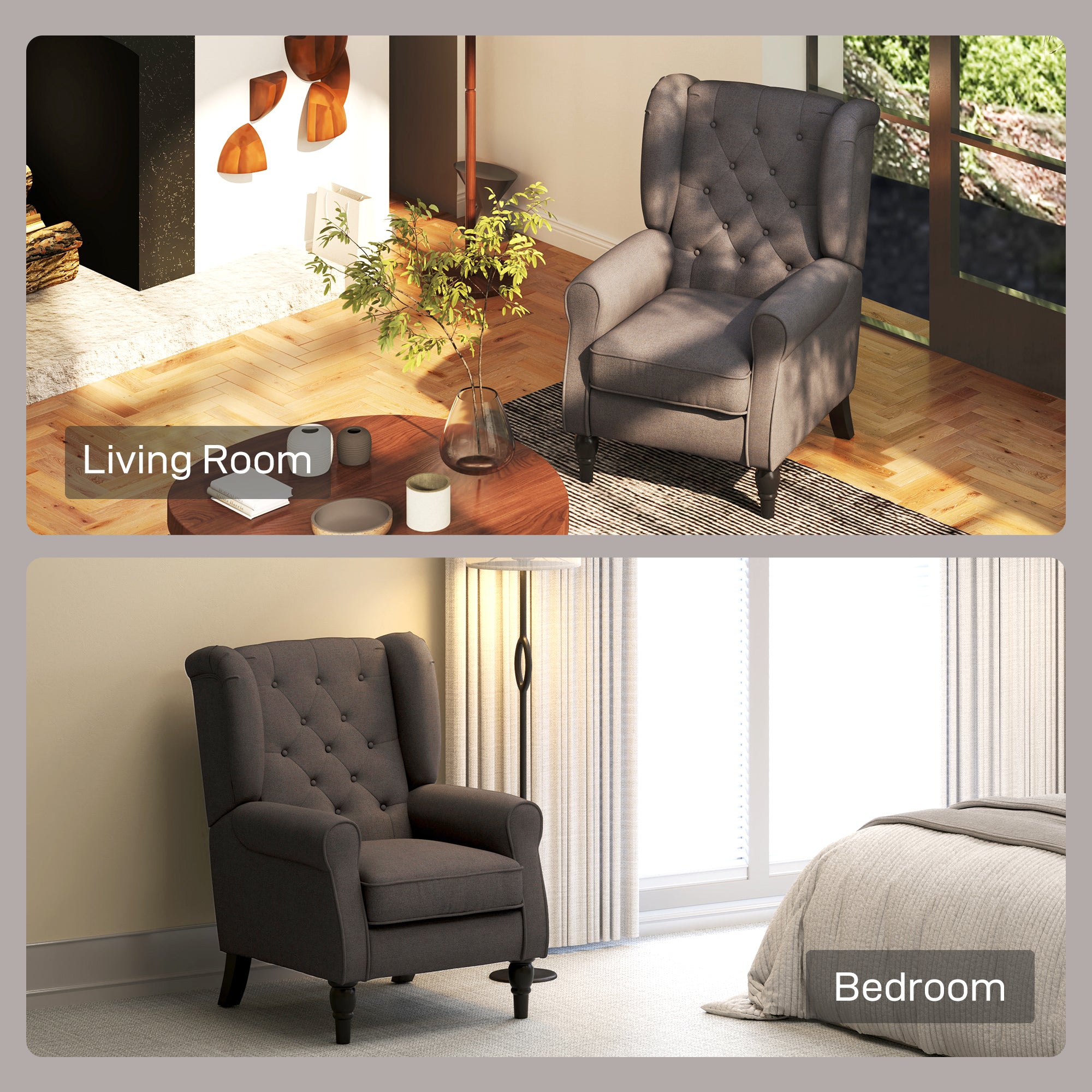 Wingback Accent Chair, Retro Upholstered Button Tufted Occasional Chair for Living Room and Bedroom, Brown