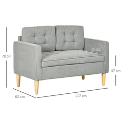 Modern 2 Seater Sofa with Hidden Storage, 117cm Tufted Cotton Couch with Wood Legs, Compact Loveseat for Living Room, Kitchen, Light Grey