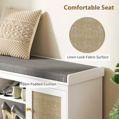 Fynco - Boho Shoe Storage Bench with Padded Cushion and Rattan Doors - White