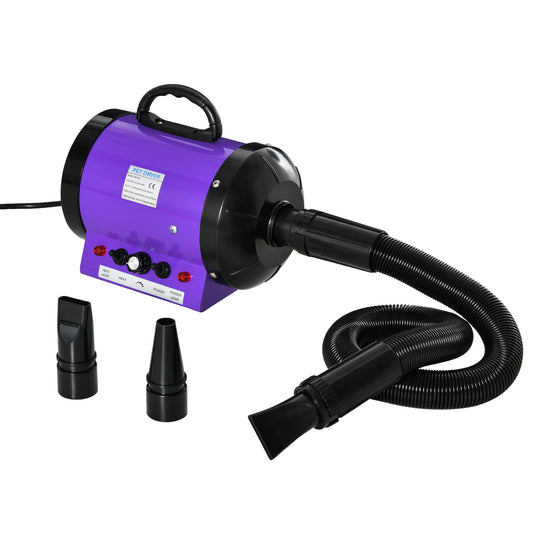 Dog Hair Dryer Pet Grooming Blaster Dryer Blower Adjustable Temperature Speed with 2.1M Flexible Hose 3 Nozzles - Purple