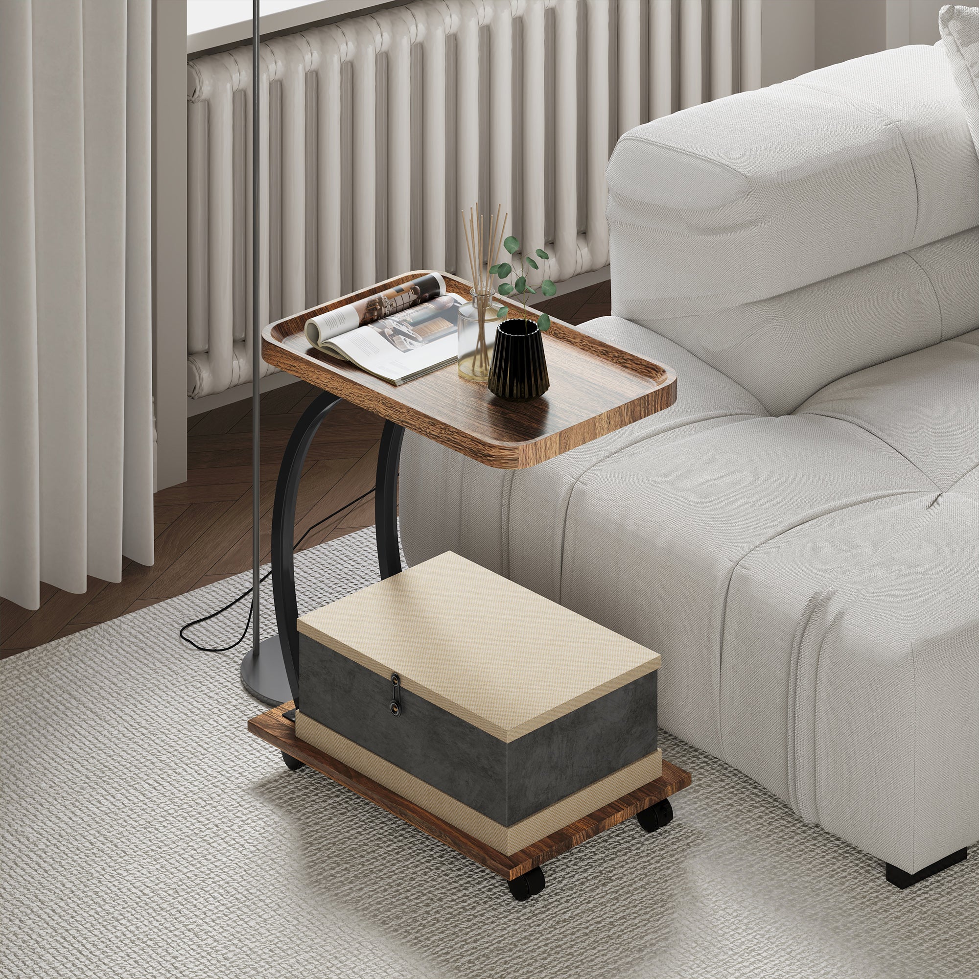 2-Tier Mobile C-Shaped Side Table - Brown