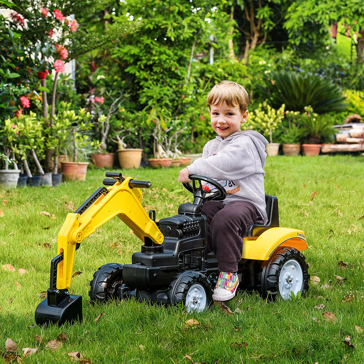 Kids Ride on Digger Pedal Go Kart Pretend Play Construction No Power Truck with Horn for 3 - 6 Years, Yellow