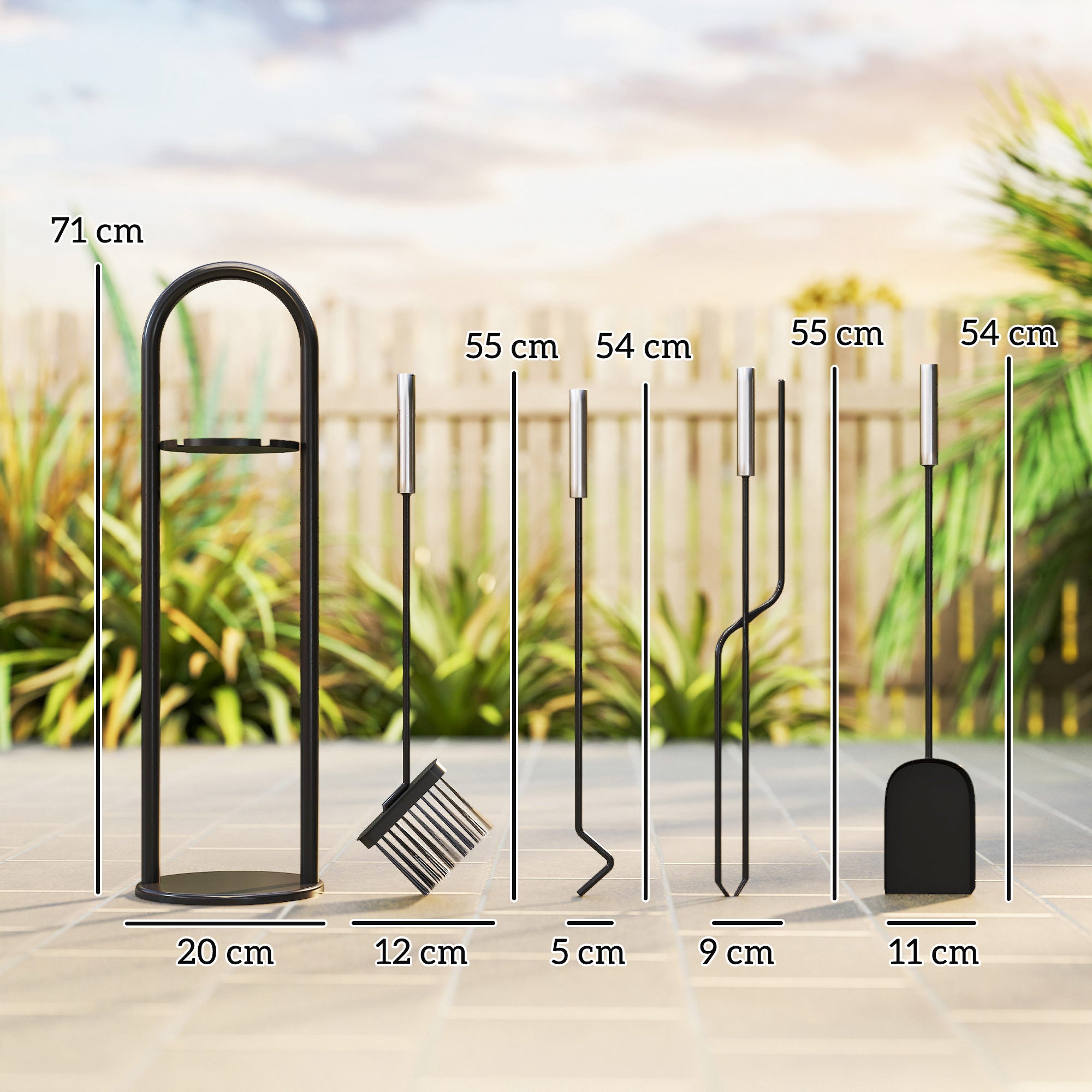 Fynco - 5 Pieces Fireplace Tools Set, Metal Fireplace Accessories Fireside Companion Set with Broom, Shovel, Poker and Bucket, Silver