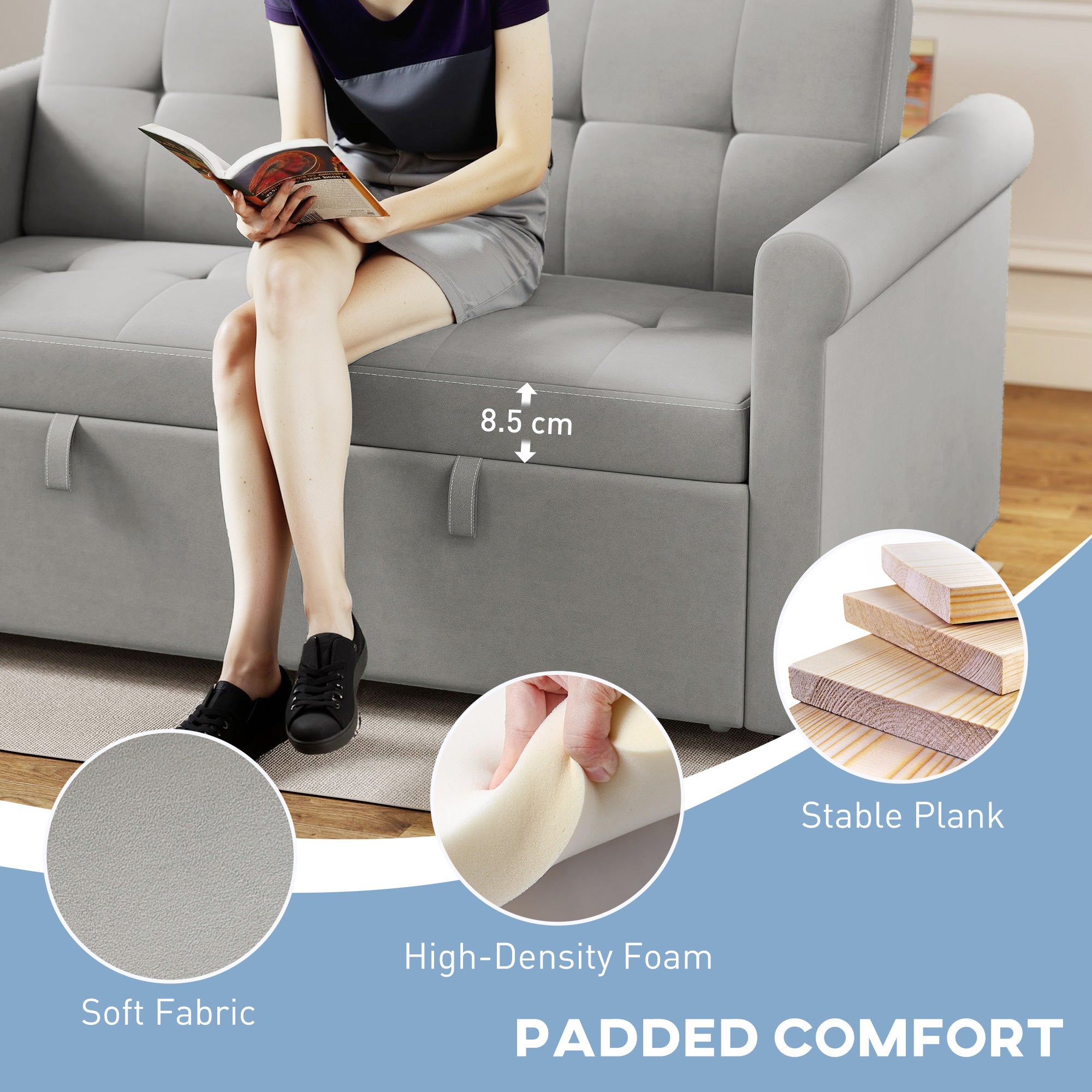 Fynco - Two-Seater Velvet-Feel Sofa Bed - Grey