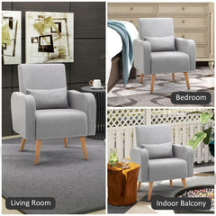 Accent Chair, Linen-Touch Armchair with Pillow, Upholstered Leisure Lounge Sofa for Living Room, Club Chair with Rubber Wooden Frame, Grey