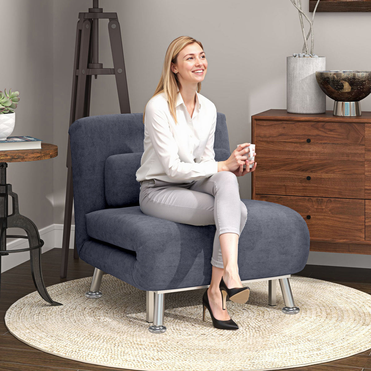 Single Velvet-Feel Sleeper Chair - Charcoal Grey