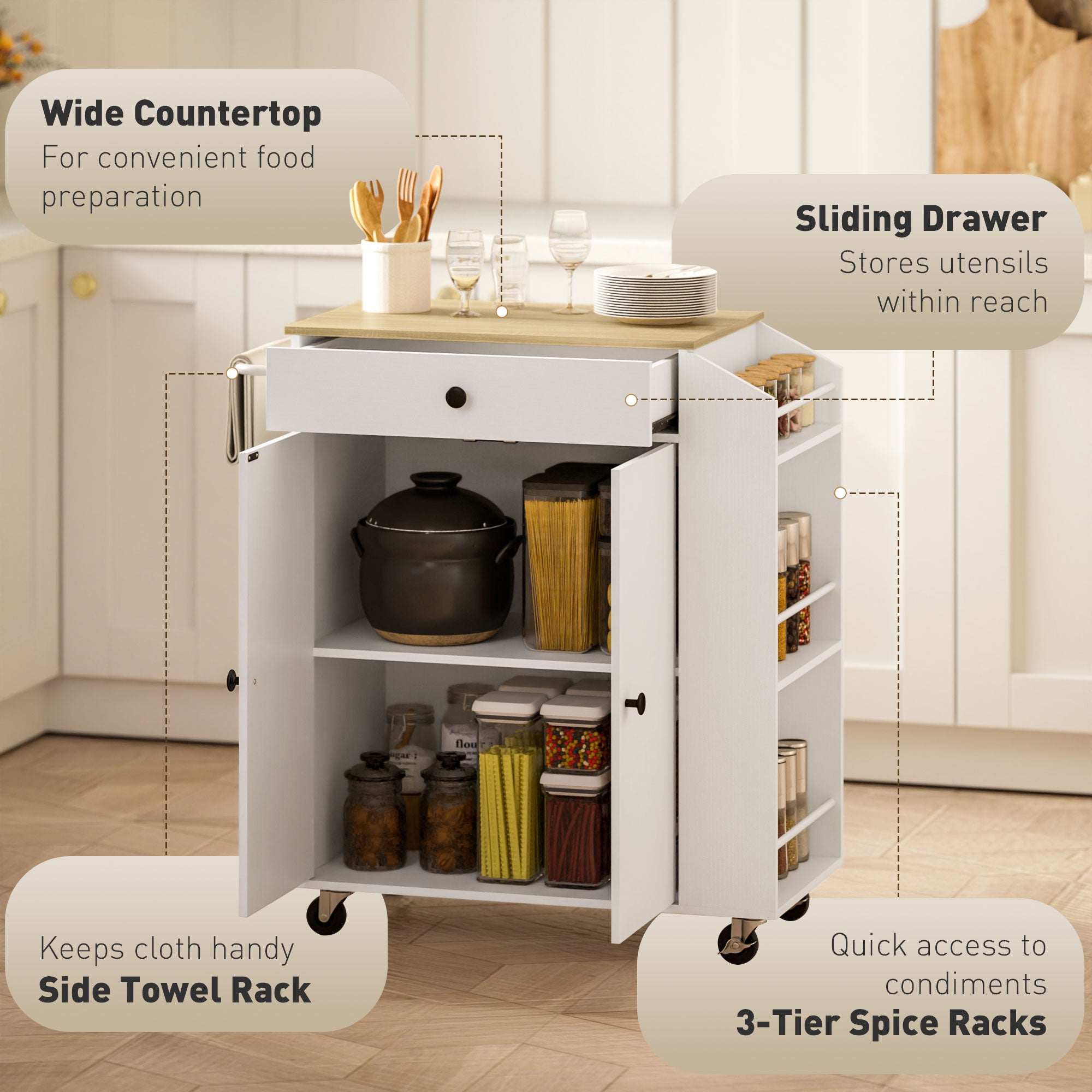 Fynco - Rolling Kitchen Island with 3-Tier Spice Rack, Kitchen Storage Cart with Drawer and Towel Rack, White