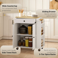 Fynco - Rolling Kitchen Island with 3-Tier Spice Rack, Kitchen Storage Cart with Drawer and Towel Rack, White