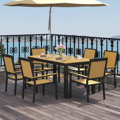 6 Seater Garden Dining Set with Stackable Chairs, Aluminium Frame, Rectangular Plastic Top, Garden Furniture Set, Outdoor Dining Table and Chairs for Patio, Balcony, Poolside, Nature Wood
