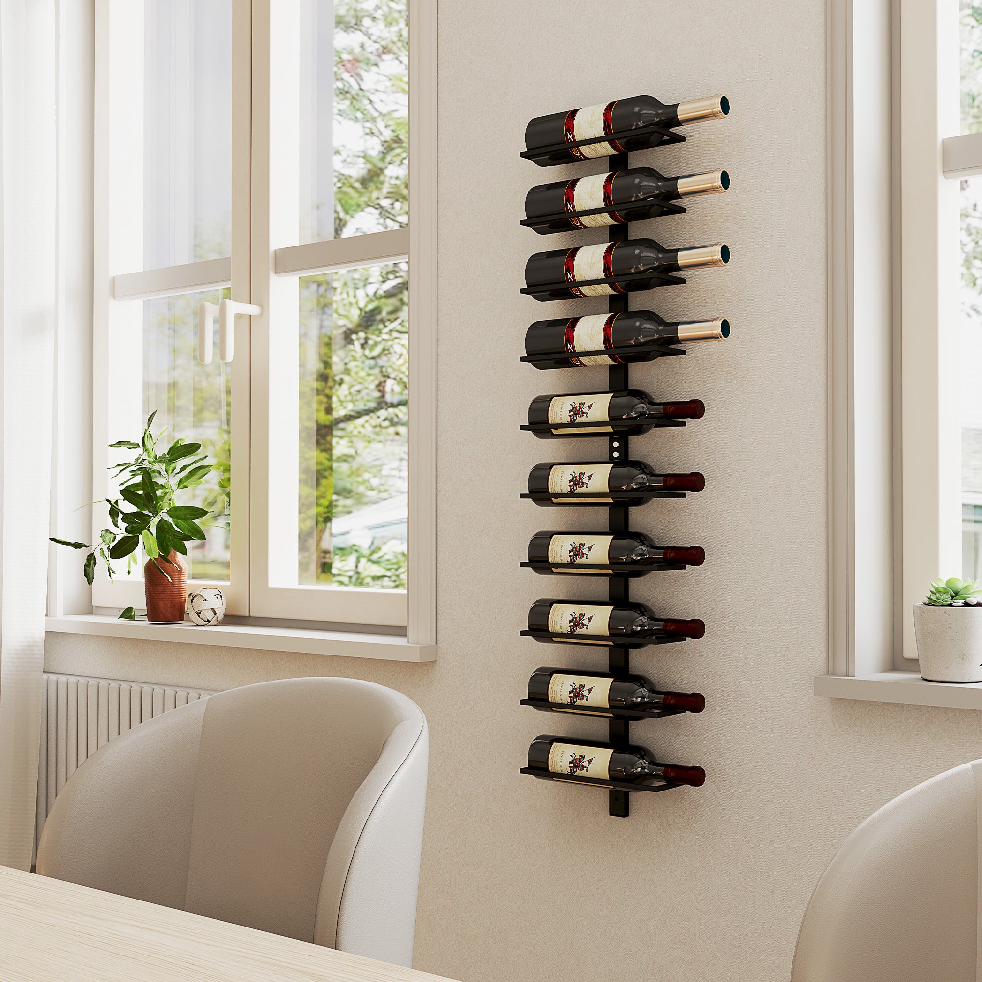 10-Tier Wall Mount Wine Rack, Steel Wall Wine Rack for 10 Wine Bottles, Wall Wine Display Rack for Kitchen, Dining Room, Home Bar, Black