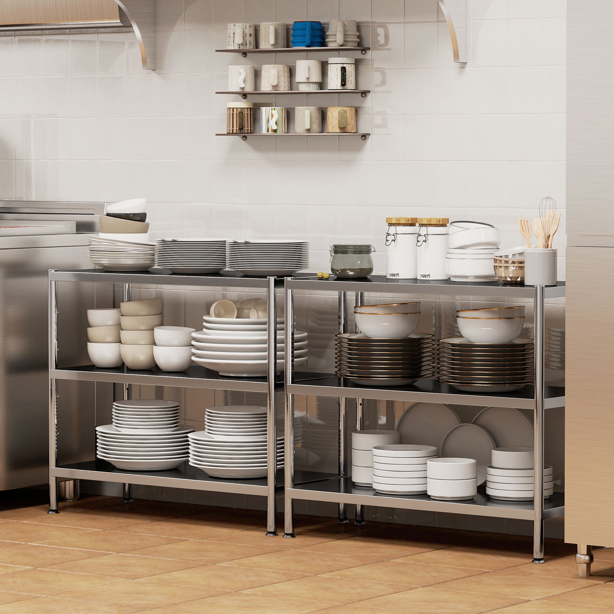 Fynco - 3-Tier Bakers Rack with Storage, Stainless Steel Microwave Stand with Adjustable Shelves for Small Spaces, Kitchen Storage Unit for Spices, Pots and Pans, Silver Tone