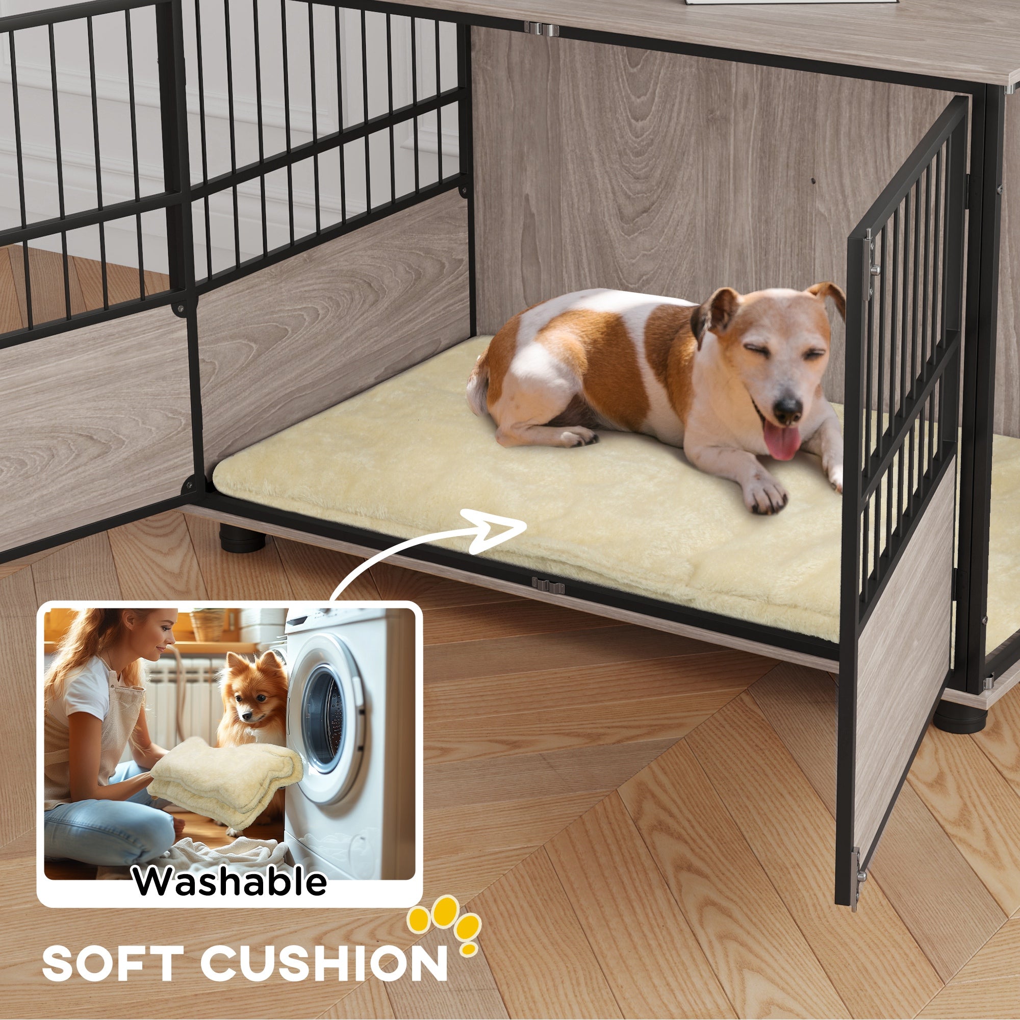 100cm Furniture Style Dog Crate Dog Cage End Table Indoor with 3 Doors Soft Washable Cushion, for Large Sized Dogs