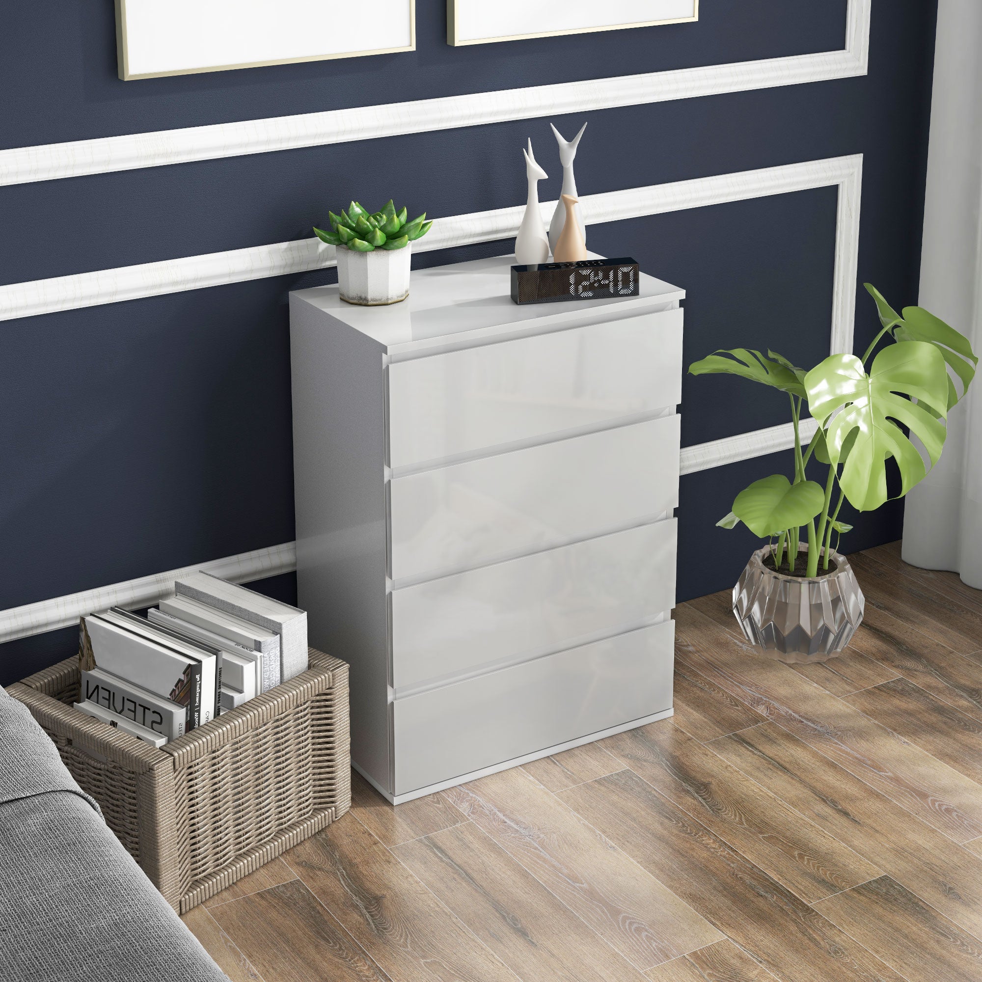 High Gloss Chest of Drawers, 4-Drawer Storage Cabinets, Modern Dresser for Bedroom, White