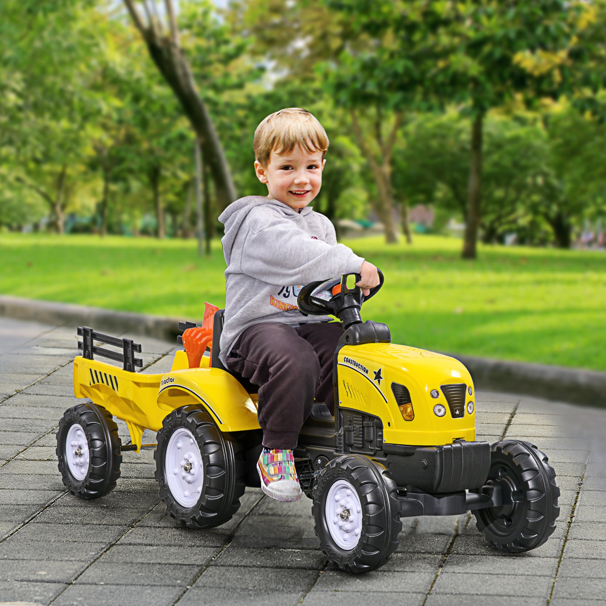 Kids Ride on Tractor with Back Trailer, Shovel & Rake, Horn, Four Wheels Tractor Toy for Child Toddler