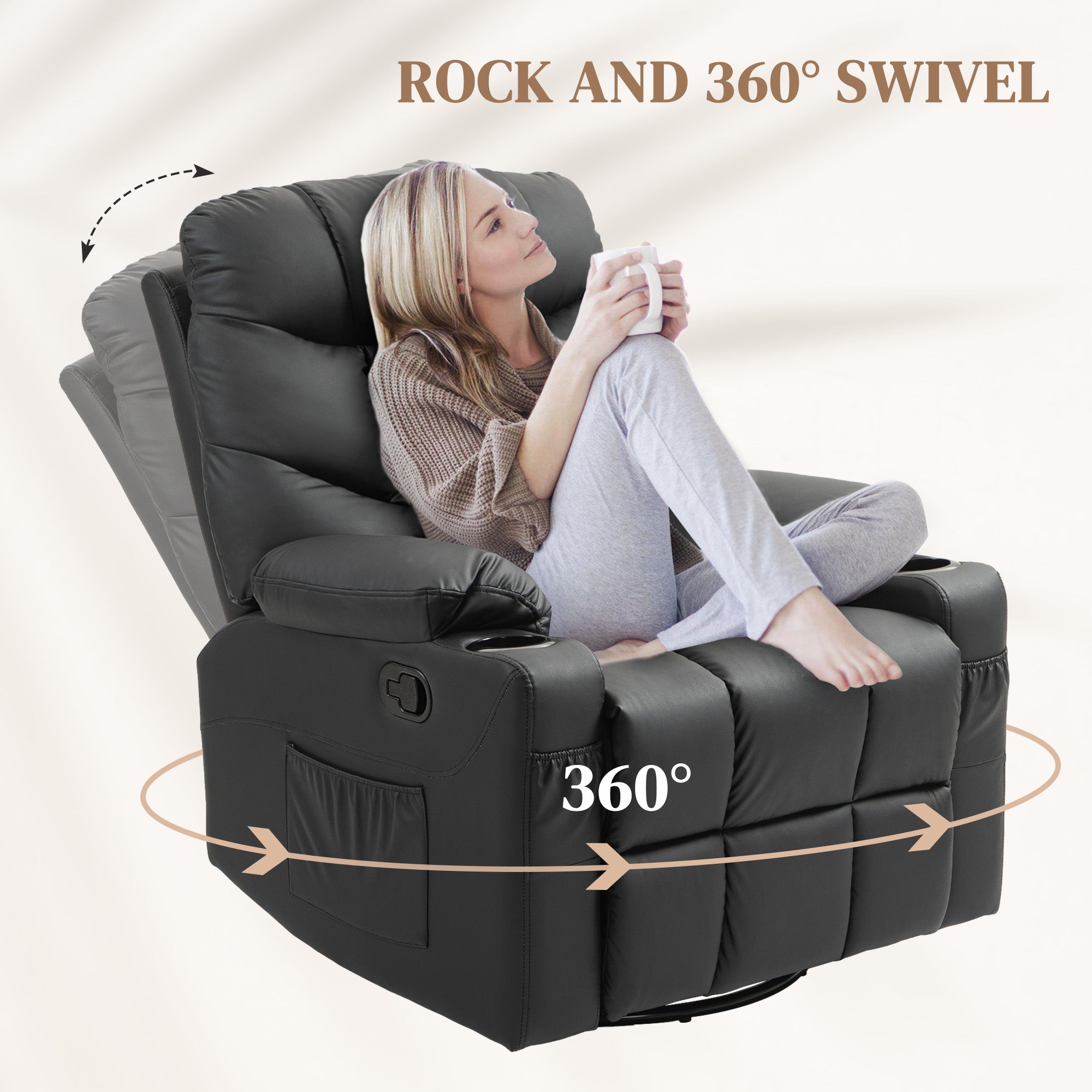 Manual Reclining Chair, Recliner Armchair with Swivel, Faux Leather, Footrest, Cup Holders, 86x93x102cm, Black