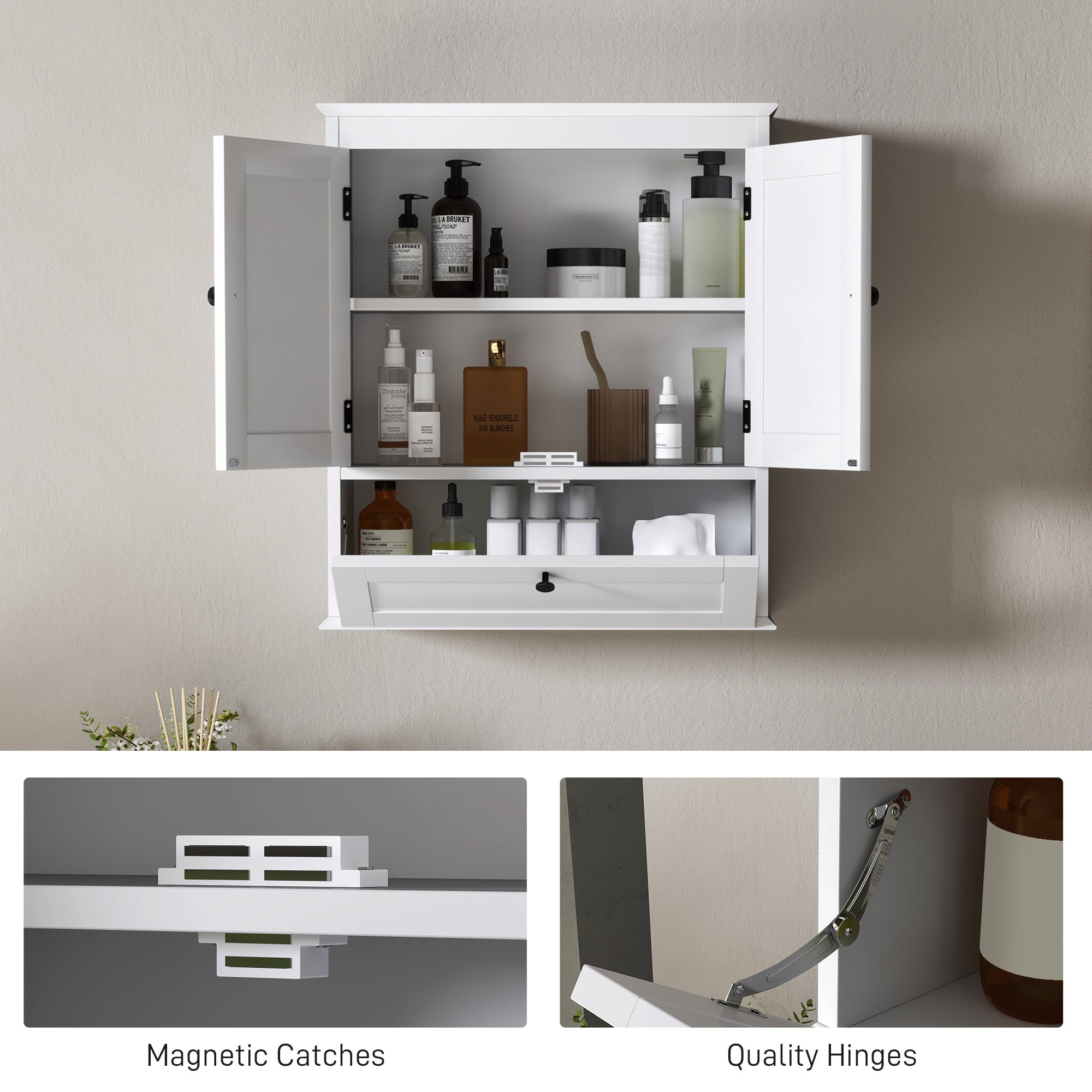Fynco - Bathroom Wall Cabinet with Adjustable Shelf and Recessed Doors, White