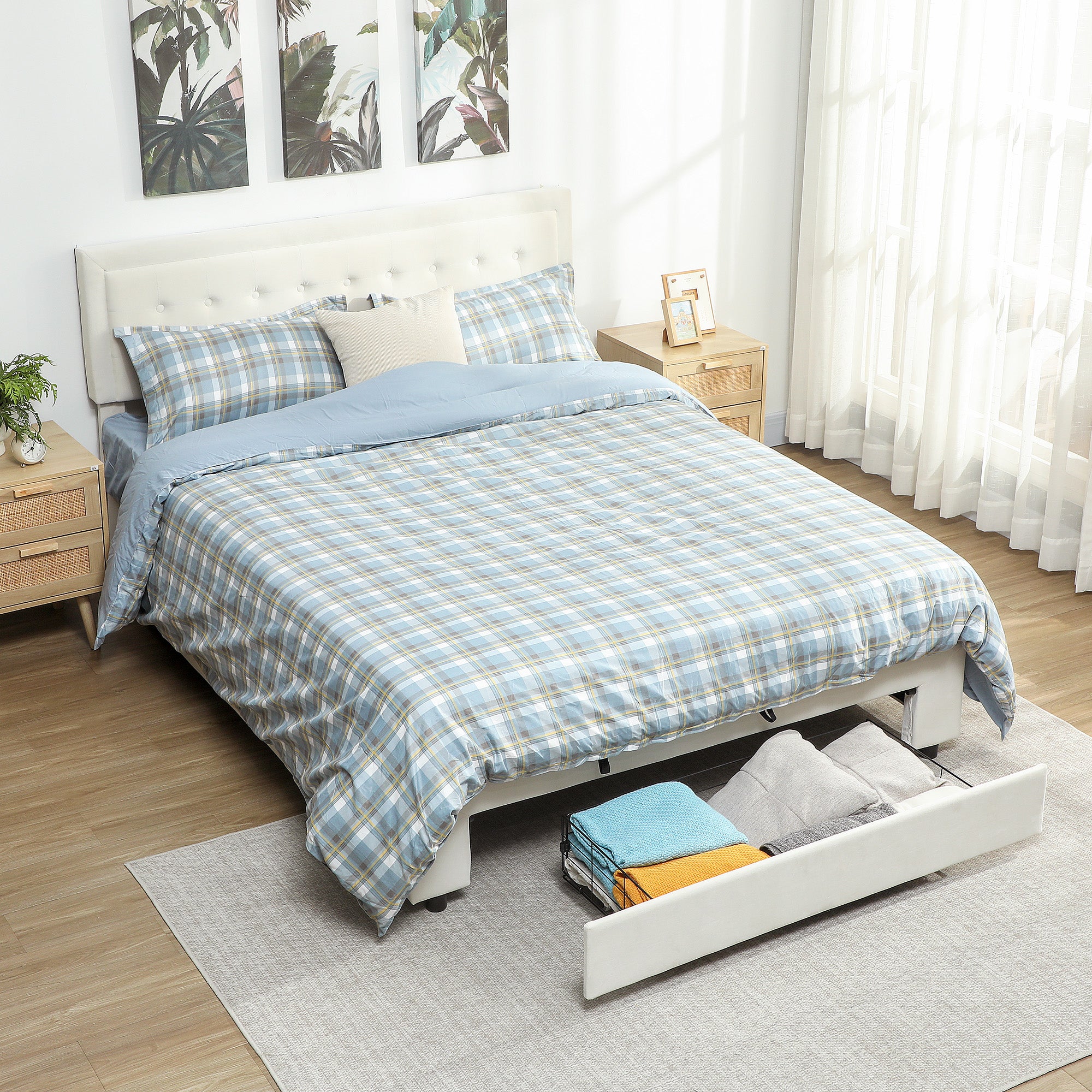 Fynco - King Size Ottoman Bed Frame, with Front Drawer - Cream