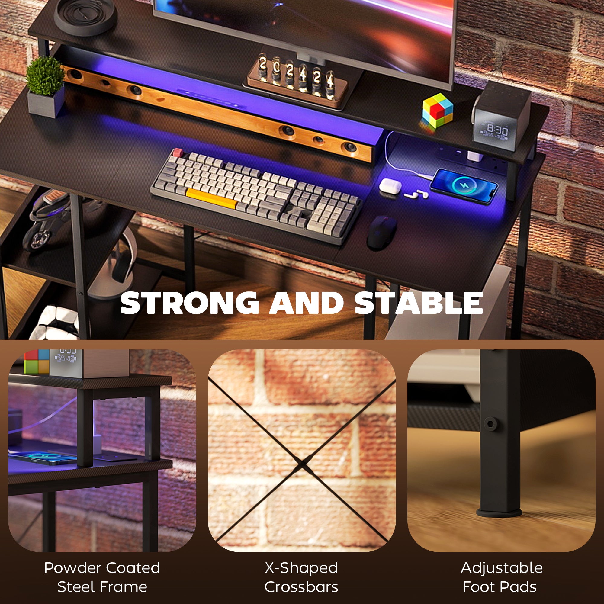 Fynco - LED Computer Desk, with Power Outlets and Shelves - Carbon Fibre Grey