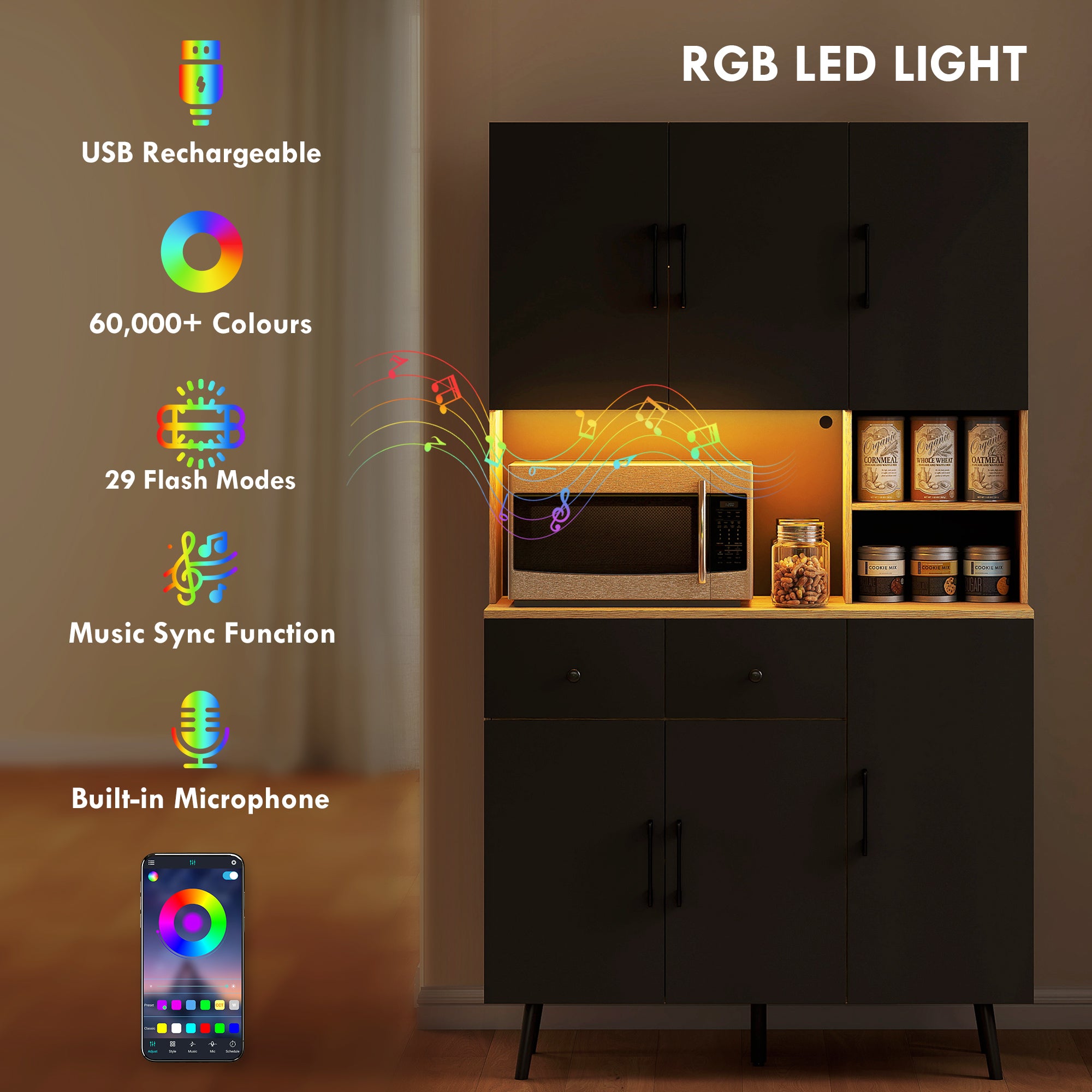 176 cm Kitchen Cupboard with LED Lights - Oak and Black