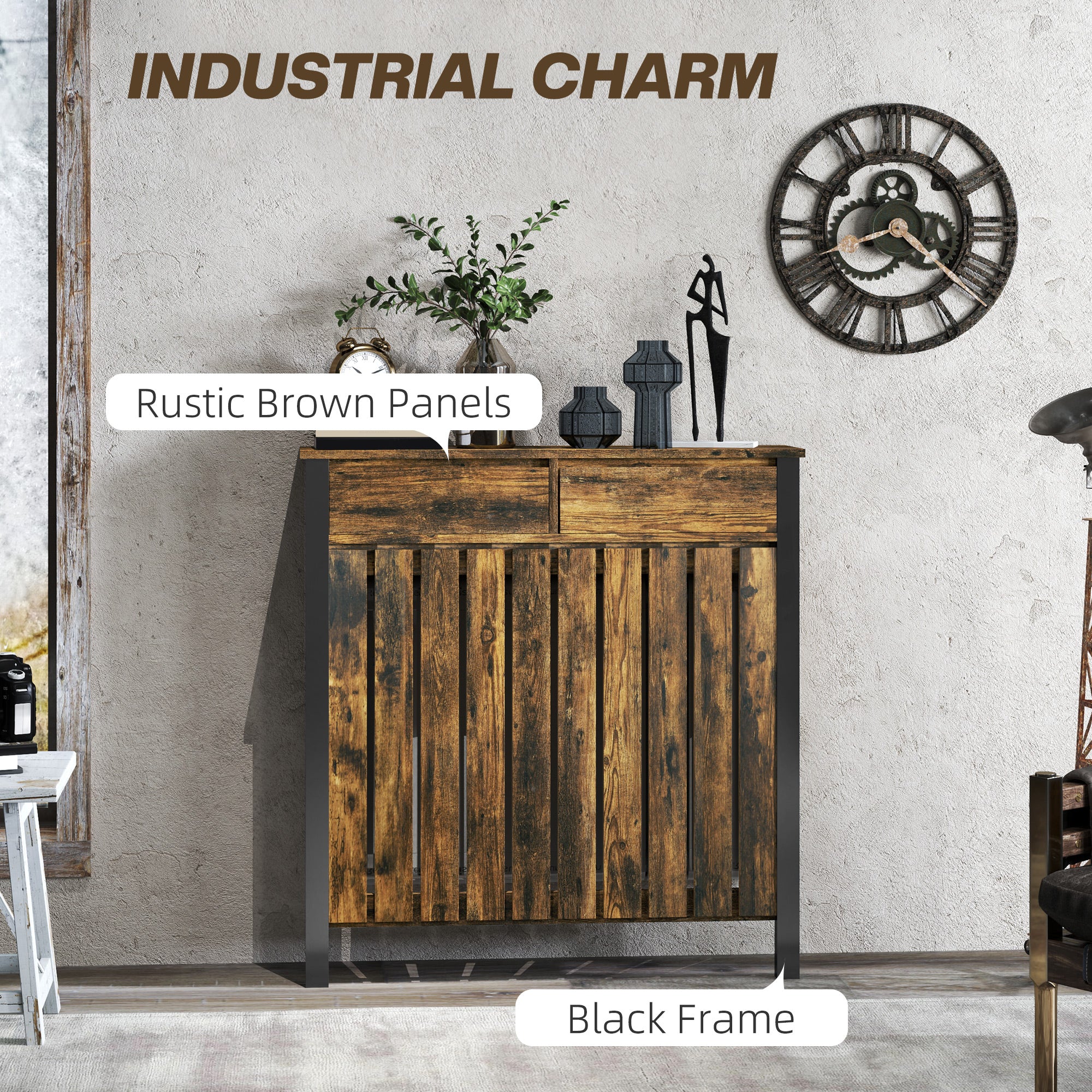 Fynco - 93 x 88.5cm Rustic-Look Radiator Cover - Brown/Black
