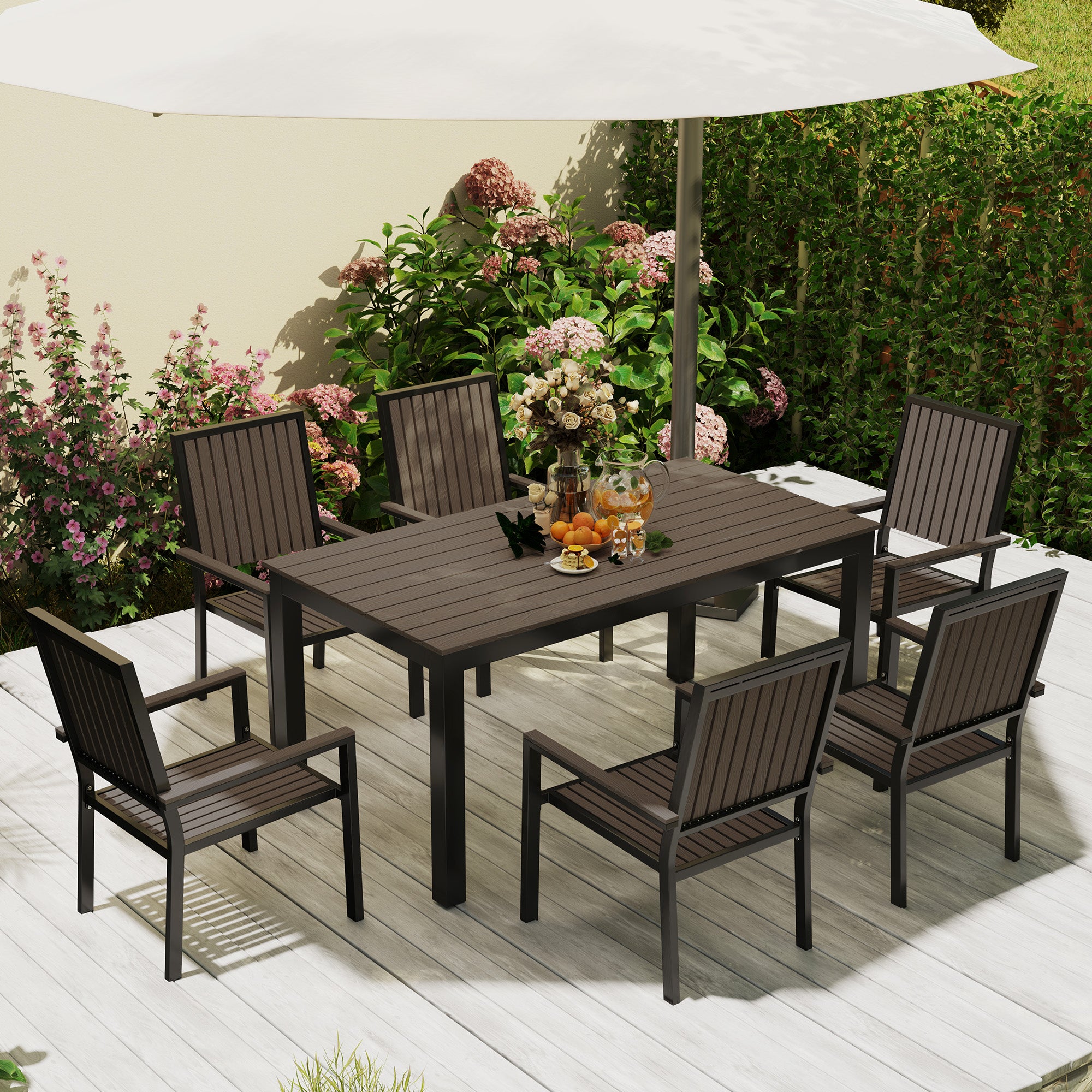 6 Seater Garden Dining Set with Stackable Chairs, Aluminium Frame, Rectangular Plastic Top, Garden Furniture Set, Outdoor Dining Table and Chairs for Patio, Balcony, Poolside, Brown