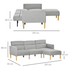 L Shape Sofa Bed Set, Linen Fabric Corner Sofa Bed with Rubber Wood Legs and Footstool, Light Grey