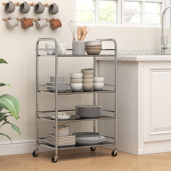 Fynco - 4 Tier Stainless Steel Kitchen Storage Trolley with Adjustable Shelves - Silver