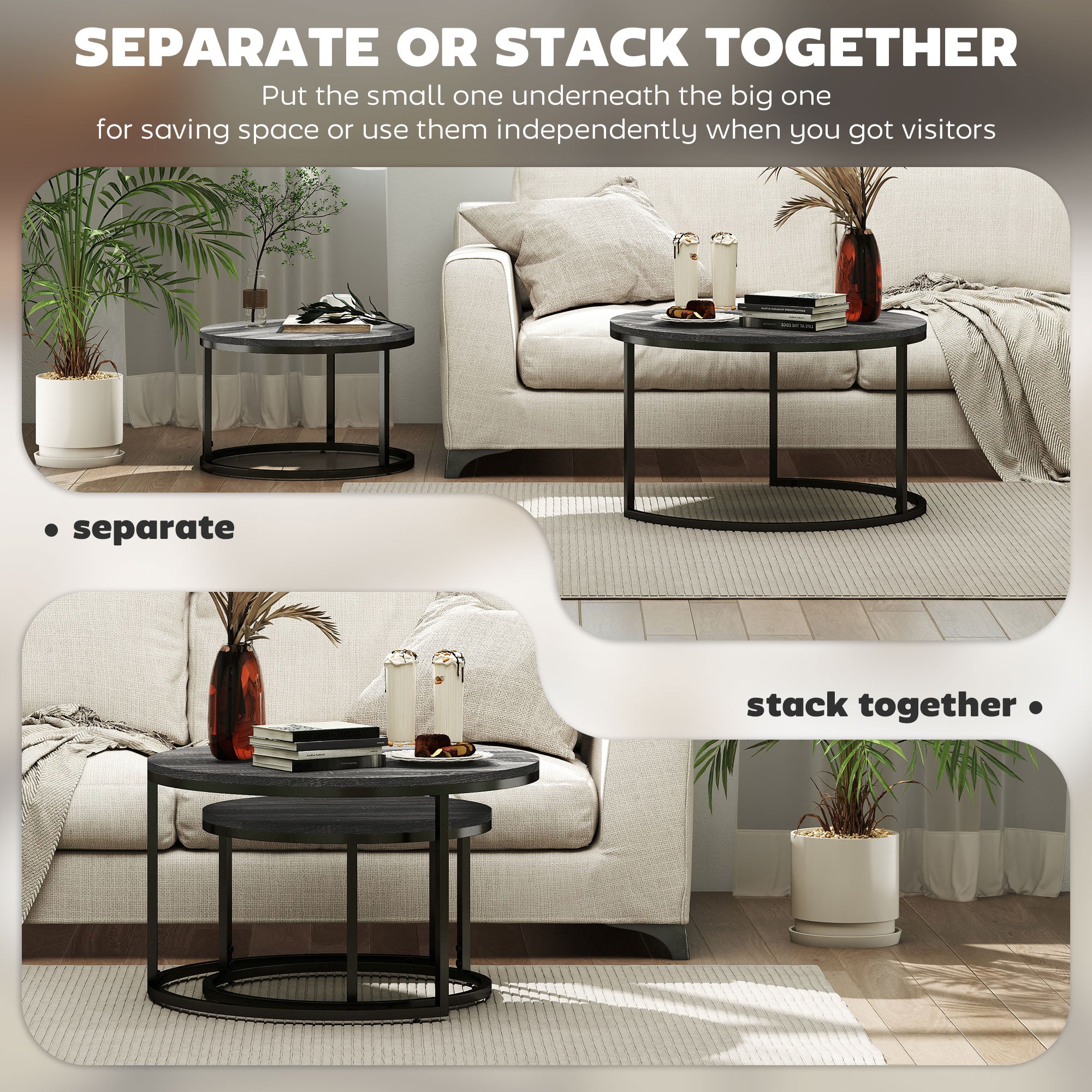 Set of Two Marble-Effect Stacking Tables - Black
