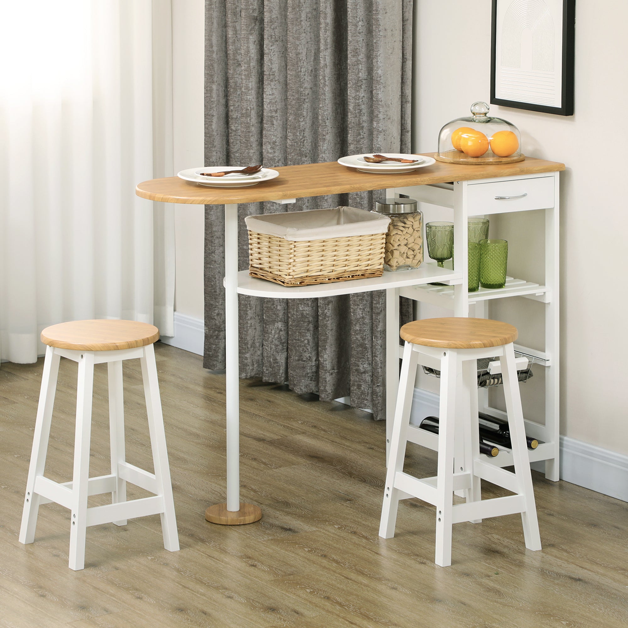 3 Piece Bar Table Set, Breakfast Bar table and Stools with Storage Shelf, Drawer, Wire Basket and Wine Rack for Kitchen, Home Bar, Natural and White