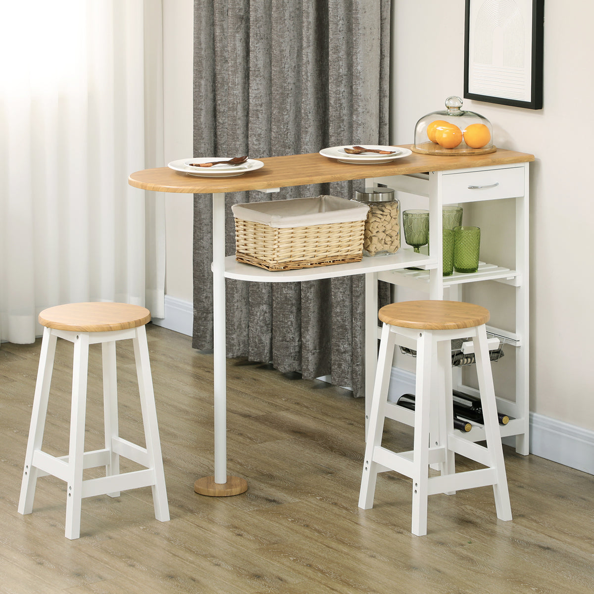 3 Piece Bar Table Set, Breakfast Bar table and Stools with Storage Shelf, Drawer, Wire Basket and Wine Rack for Kitchen, Home Bar, Natural and White