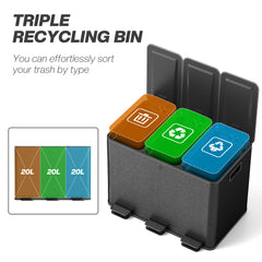 Fynco - 3 x 20L Pedal Bin, Steel Triple Kitchen Bin with Soft Close Lid, Removable Inner Buckets, Fingerprint-Proof, Black