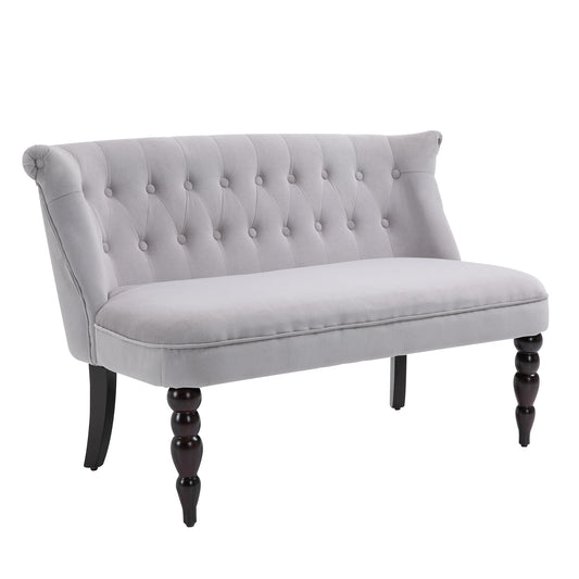 Loveseat with Wood Frame, Compact 2 Seater Sofa, Button Tufted Chaise Lounger with Carved Legs, Vintage Design for Bedroom Living room, Grey